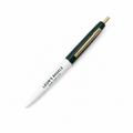 A sleek retractable pen with a white barrel, a dark forest green cap, and gold-tone metal accents, including a gold clip and a gold tip. The barrel is printed with the text 'LEON & BAGELS NEW YORK CITY'.
