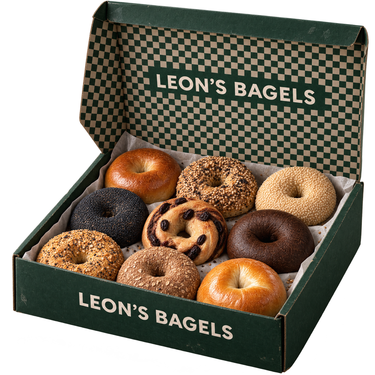 Leon's Bagels Build a Box: open green box with nine bagel flavors